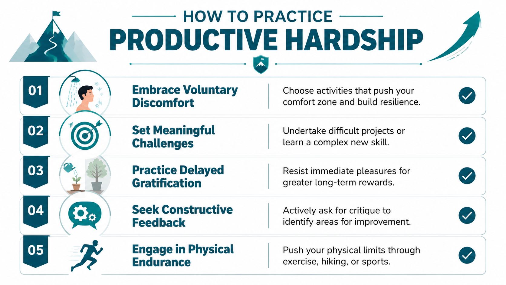 An infographic titled How to Practice Productive Hardship featuring five tips for building resilience through voluntary challenges.
