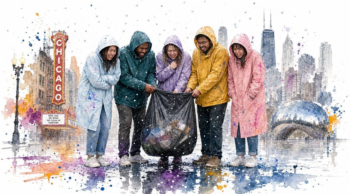 A diverse group of friends in colorful raincoats carry a large trash bag through a rainy Chicago.