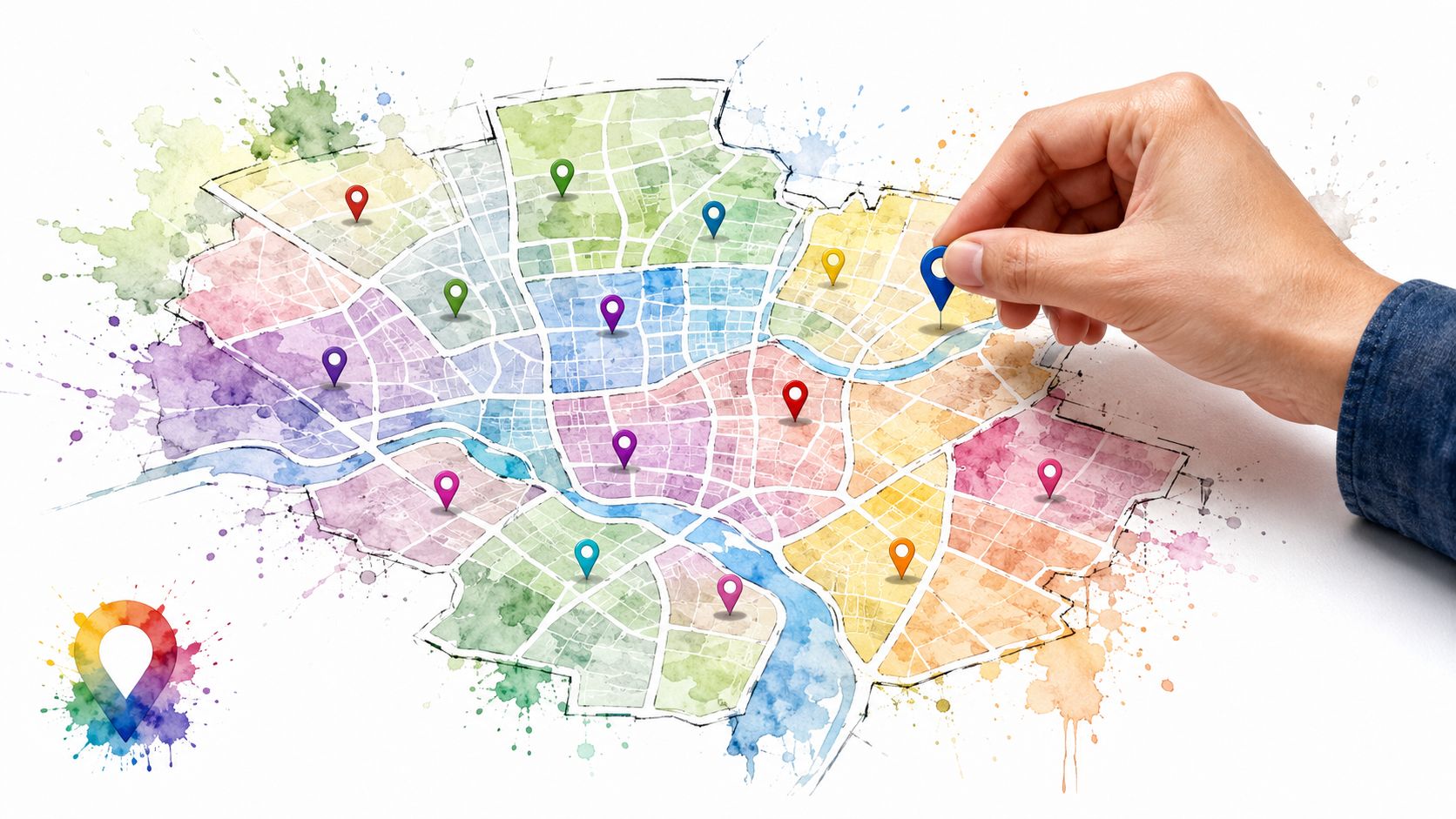 A hand placing a pin on a colorful watercolor city map representing location targeting and engagement.