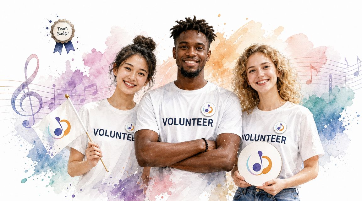 Three happy diverse volunteers in white shirts smiling against a watercolor background with musical notes symbols.