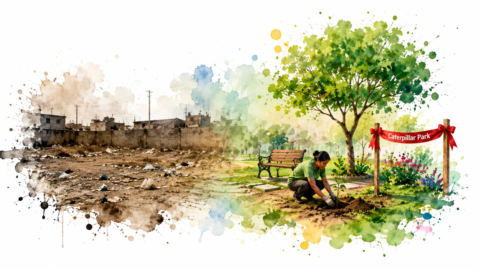 A person planting a tree in a park transformation from a barren field to a green space.