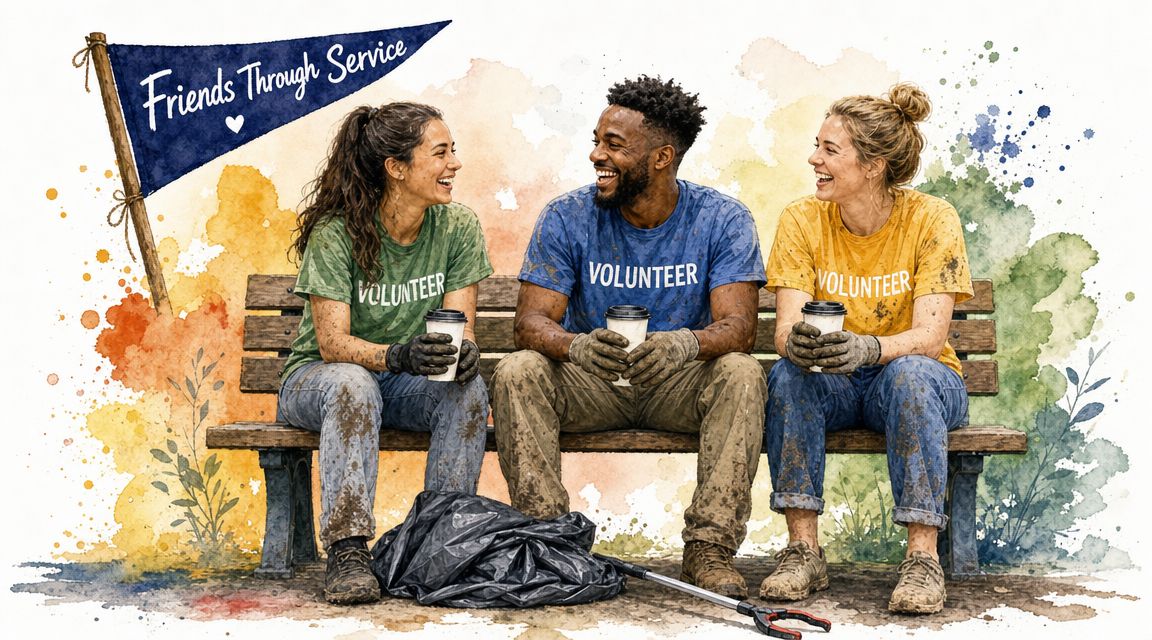 Three smiling diverse volunteers sitting on a bench resting and holding coffee cups after a cleanup project.