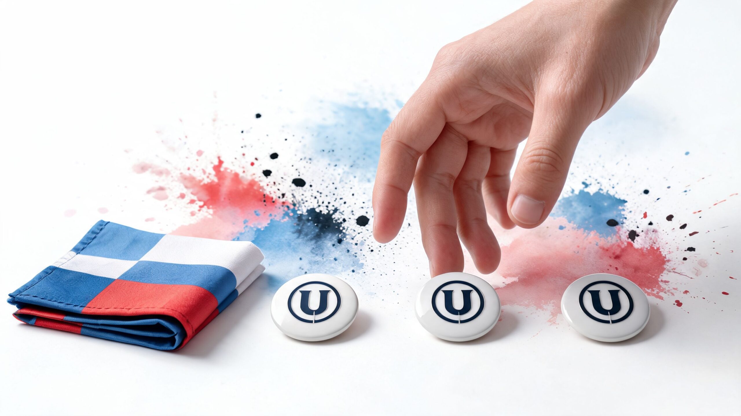 A hand placing a badge with the letter U onto a background featuring a Dominican flag.