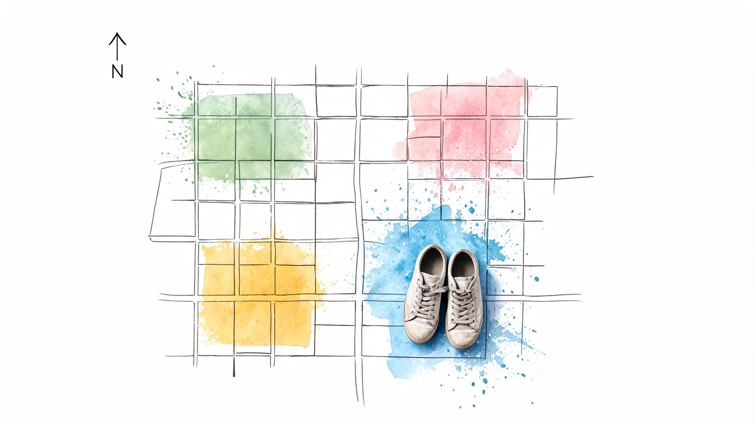 A pair of casual sneakers resting on a hand-drawn map with colorful watercolor park sections.