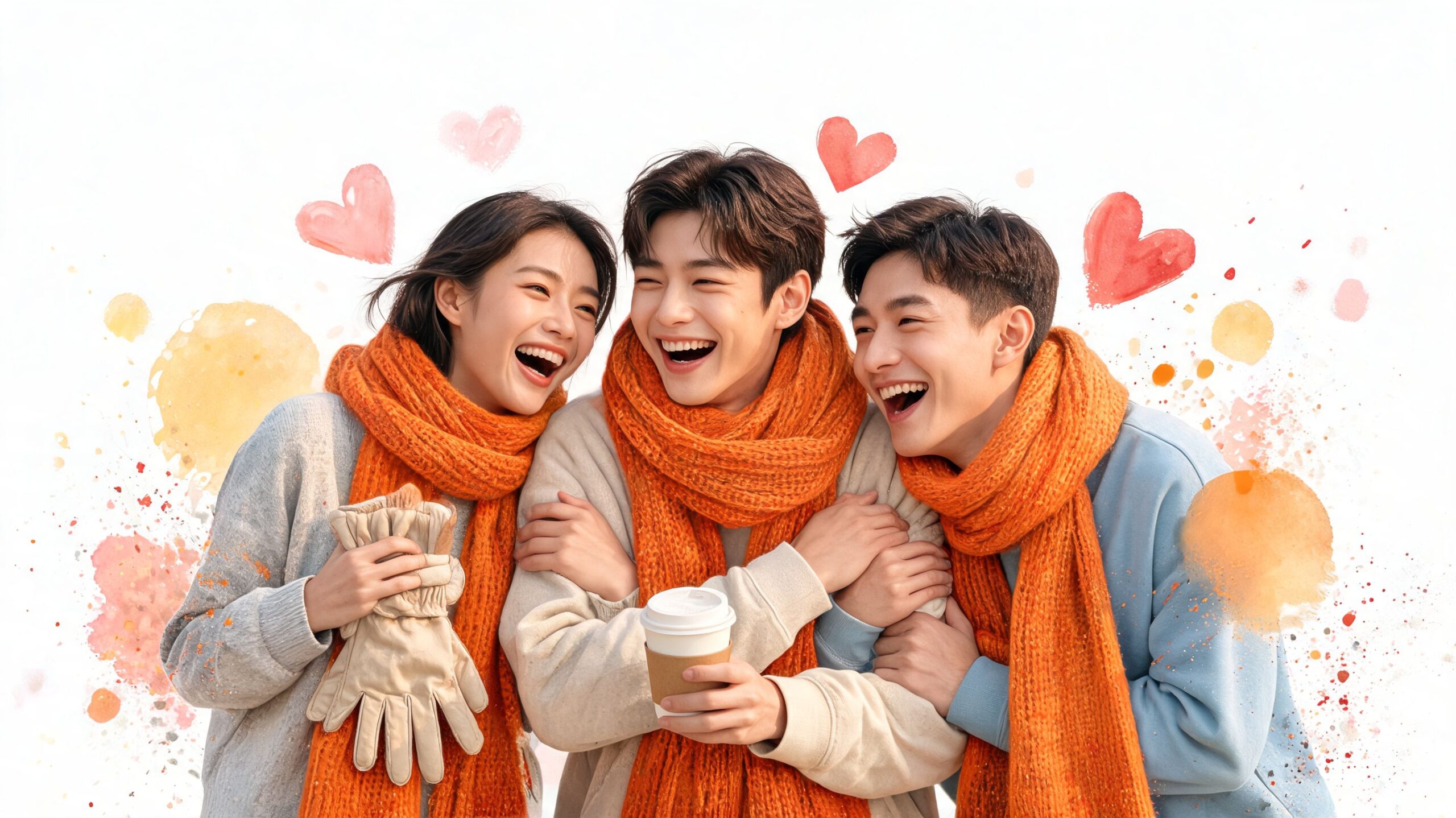 Three happy friends laughing together while wearing orange winter scarves against a festive artistic background.