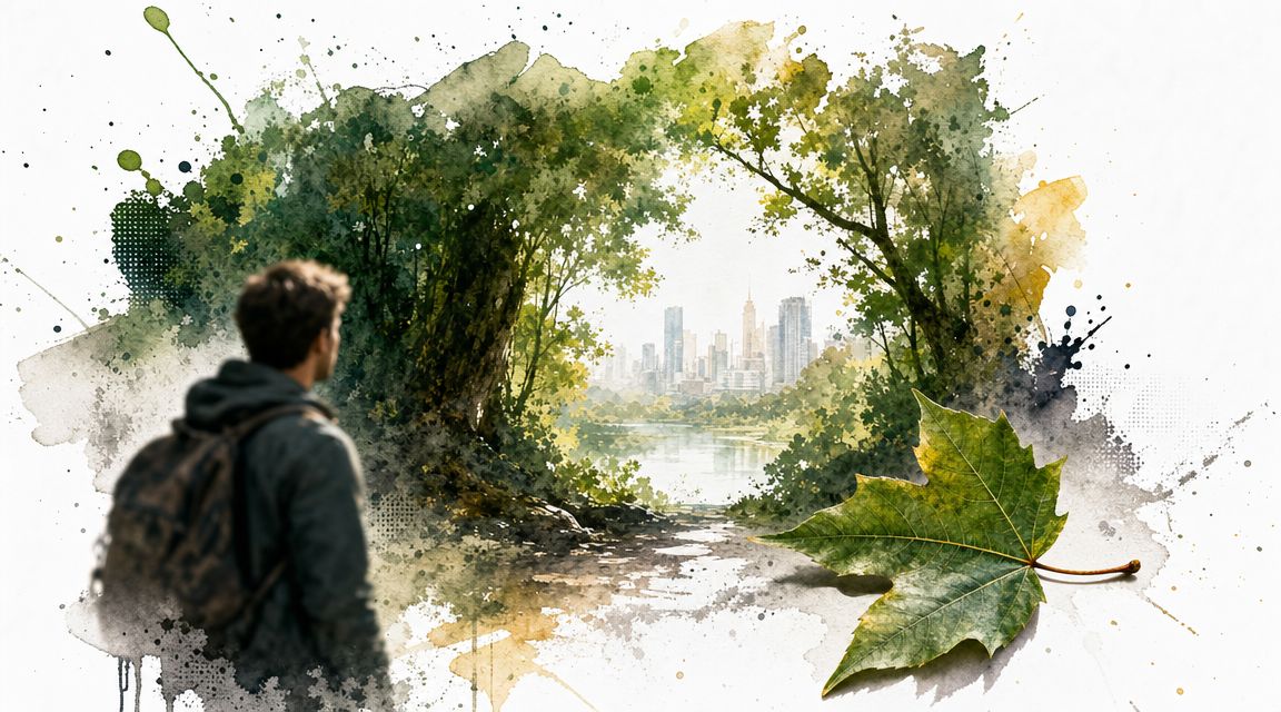 A hiker with a backpack looking towards a distant cityscape through a gap in the trees.