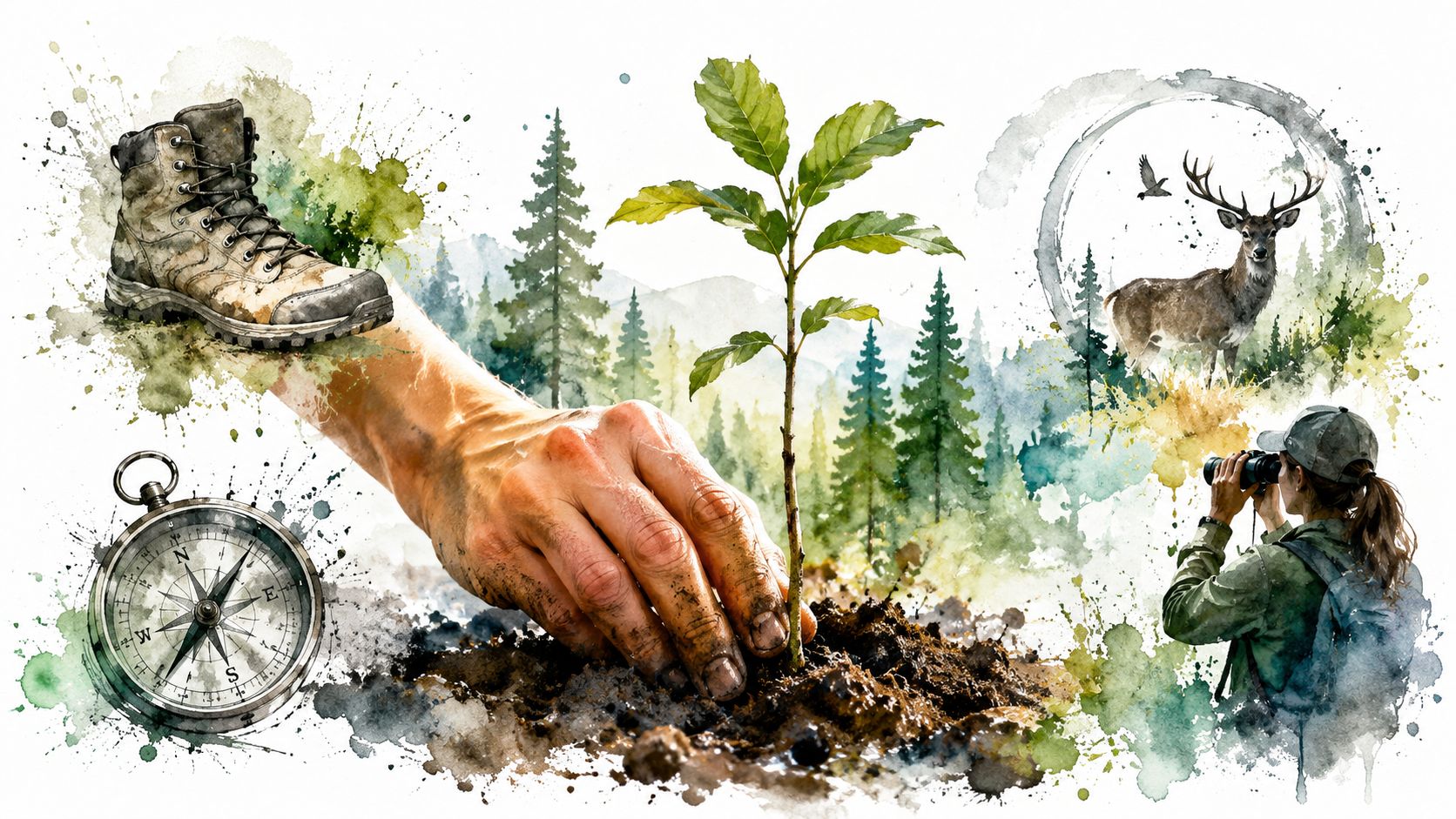 A artistic watercolor montage showing a hiking boot, a compass, a hand planting a tree, and a wildlife watcher.