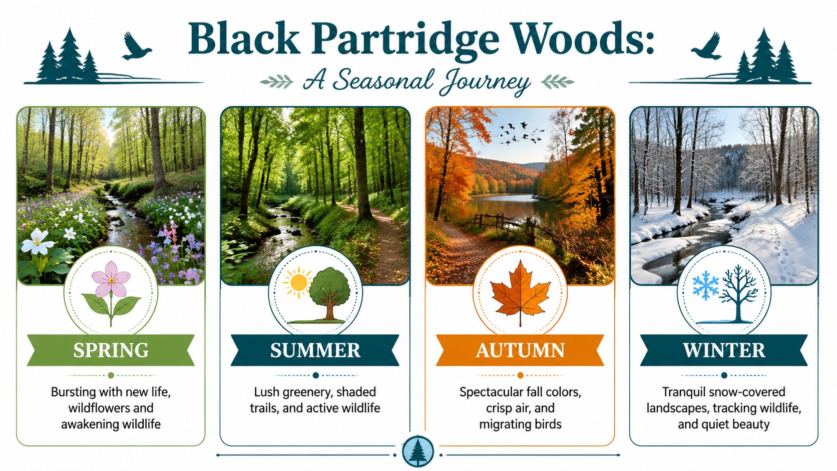 A scenic infographic displaying four distinct seasonal landscapes of Black Partridge Woods throughout the year.