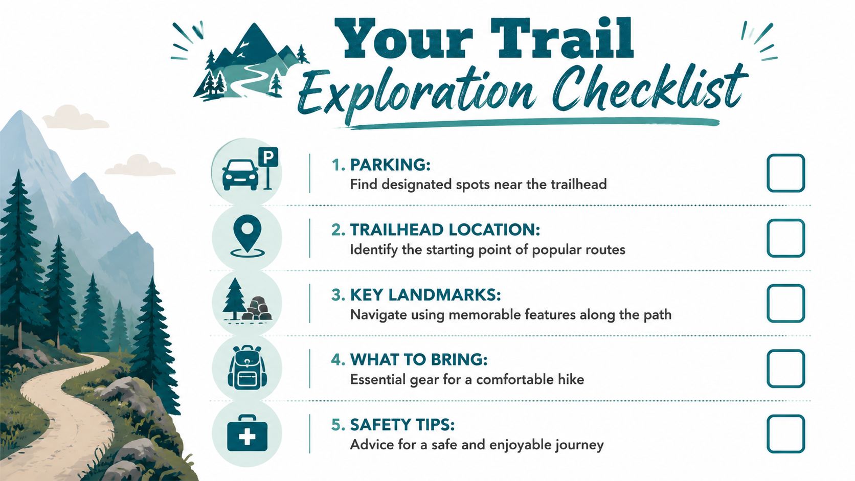 A trail exploration checklist graphic with icons for parking, trailhead location, landmarks, gear, and safety tips.