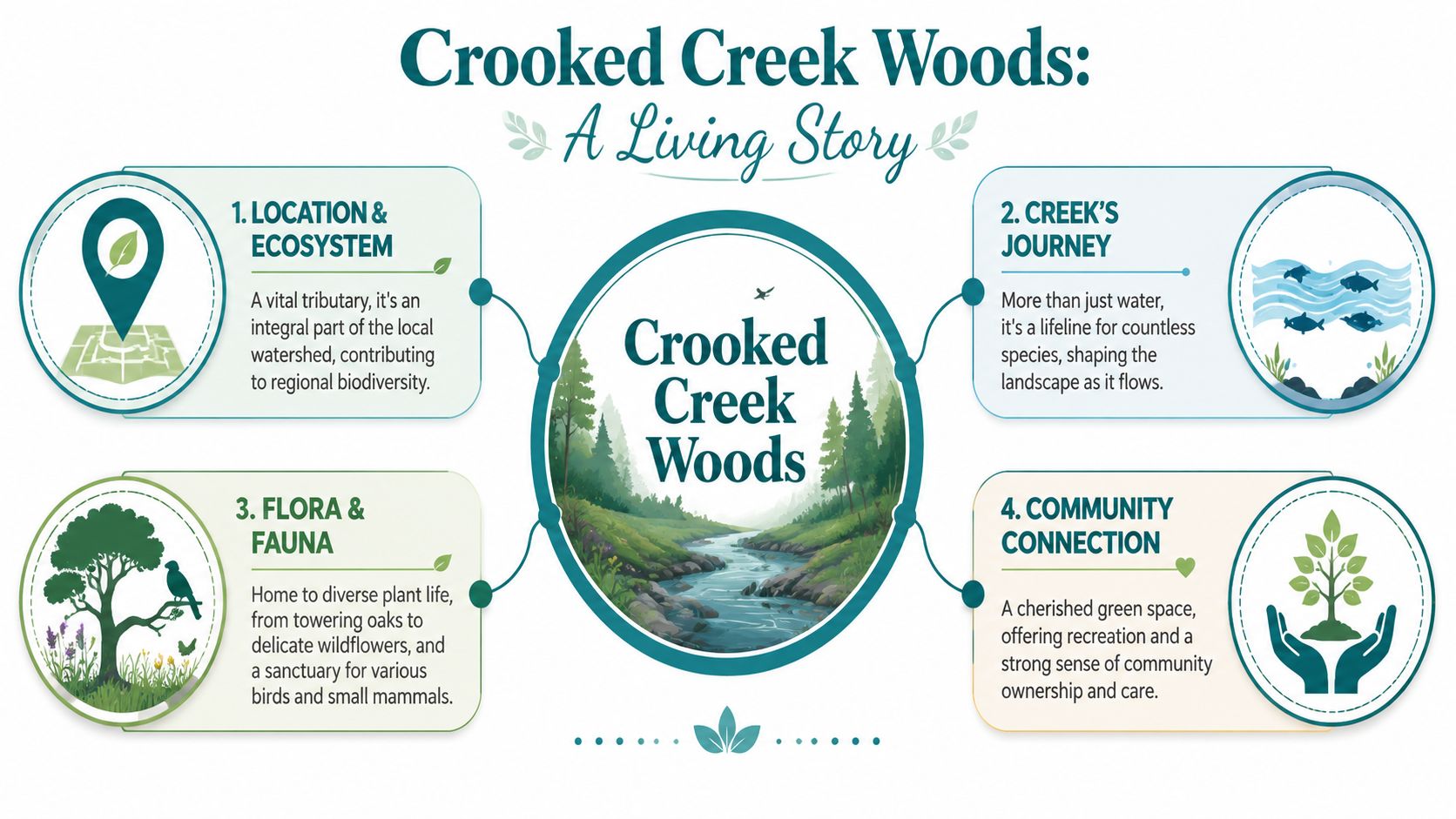 An infographic titled Crooked Creek Woods: A Living Story, detailing its ecosystem, creek journey, biodiversity, and community connection.