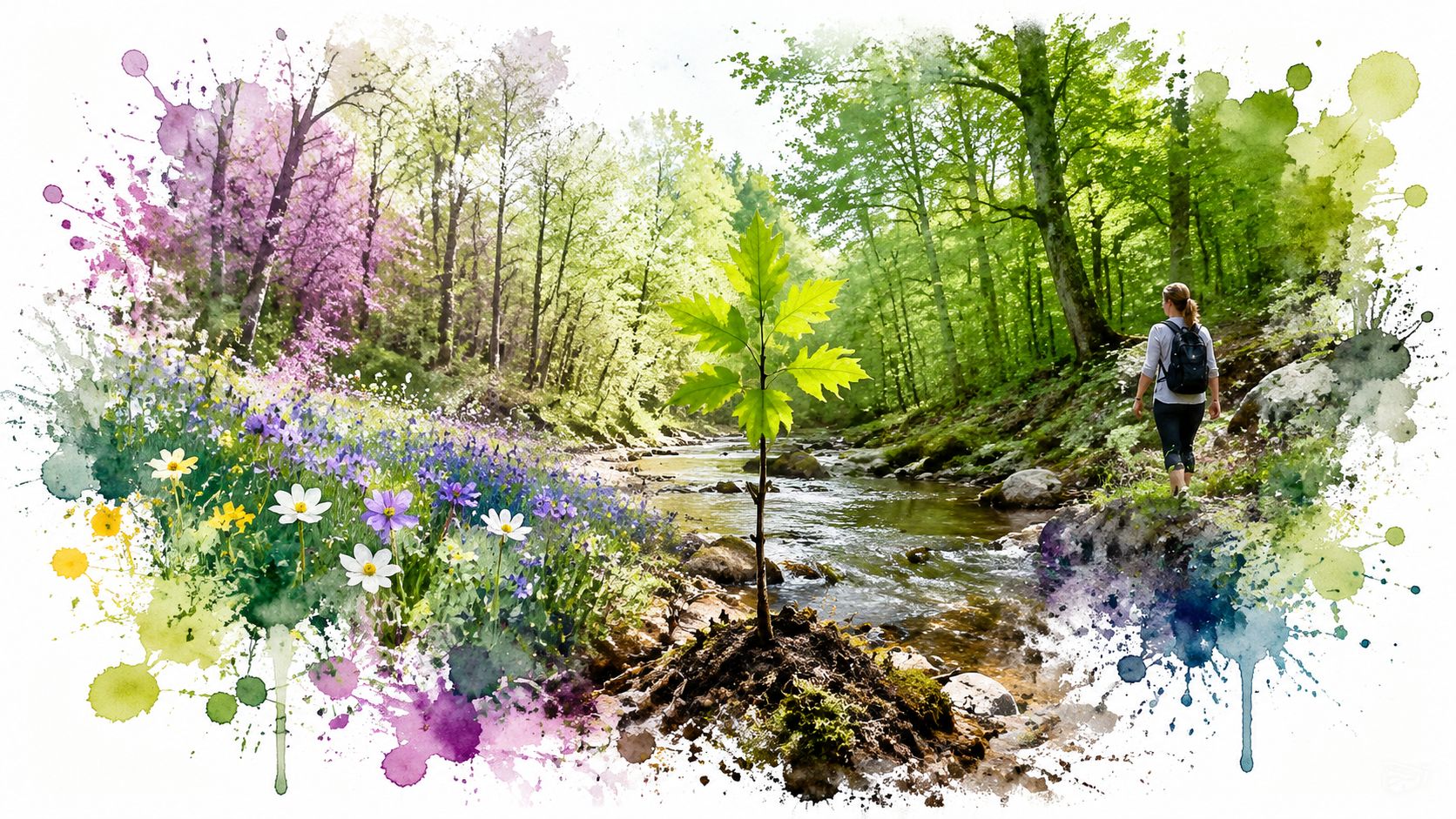A hiker walks along a scenic river in the crooked creek woods, featuring lush trees and blooming flowers.