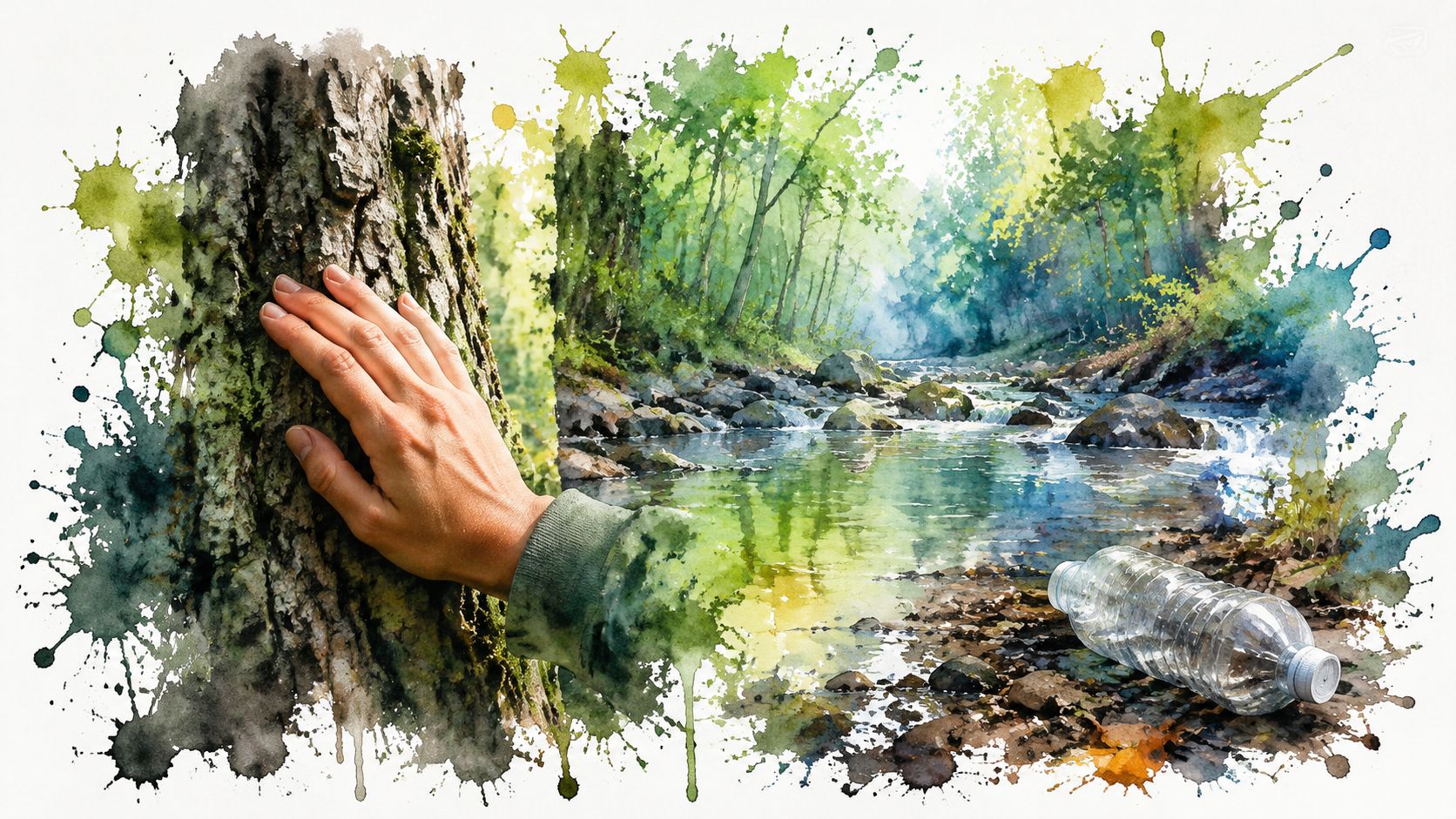 A watercolor illustration shows a hand touching a tree trunk next to a forest stream with plastic pollution.