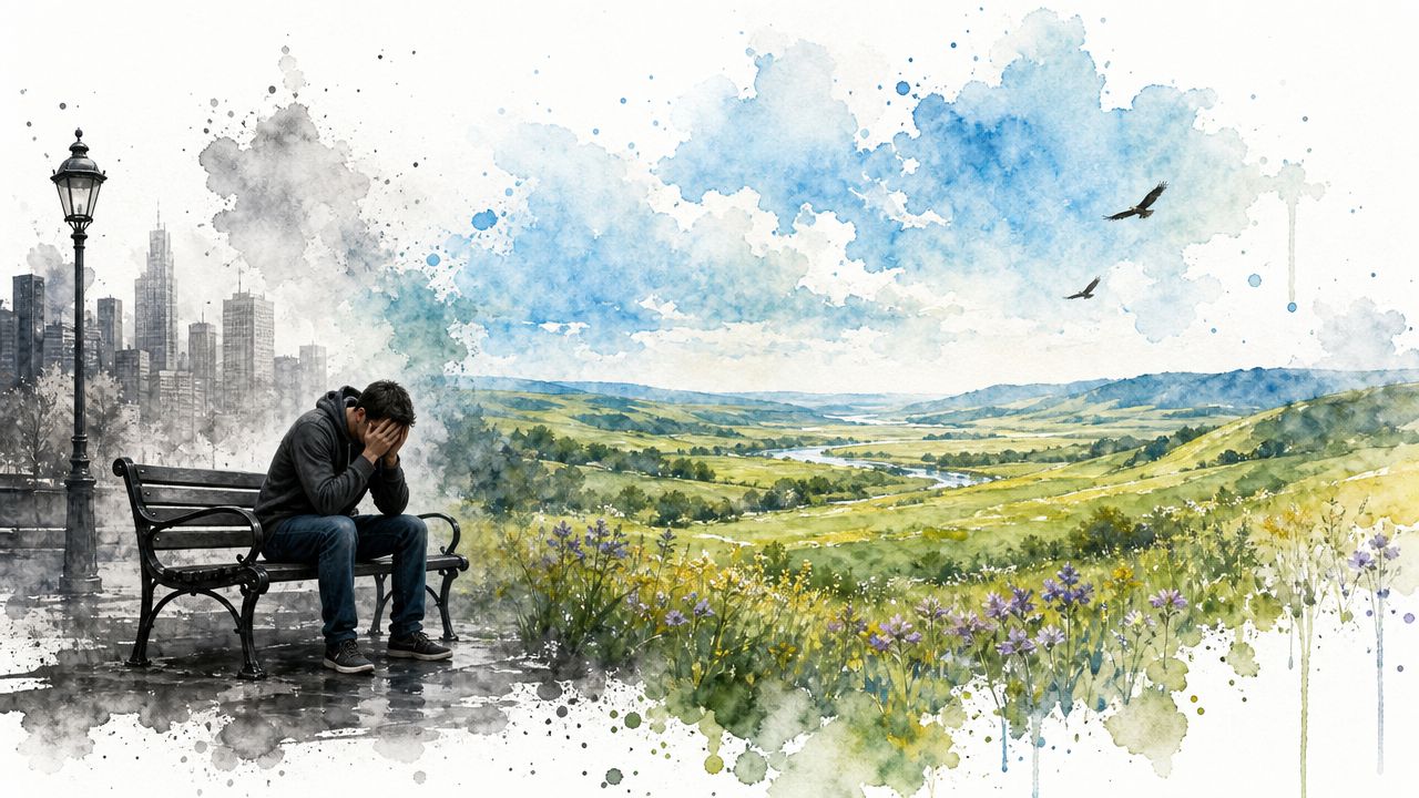 A man sits on a park bench, blending from a grayscale city into a colorful, vibrant natural landscape.