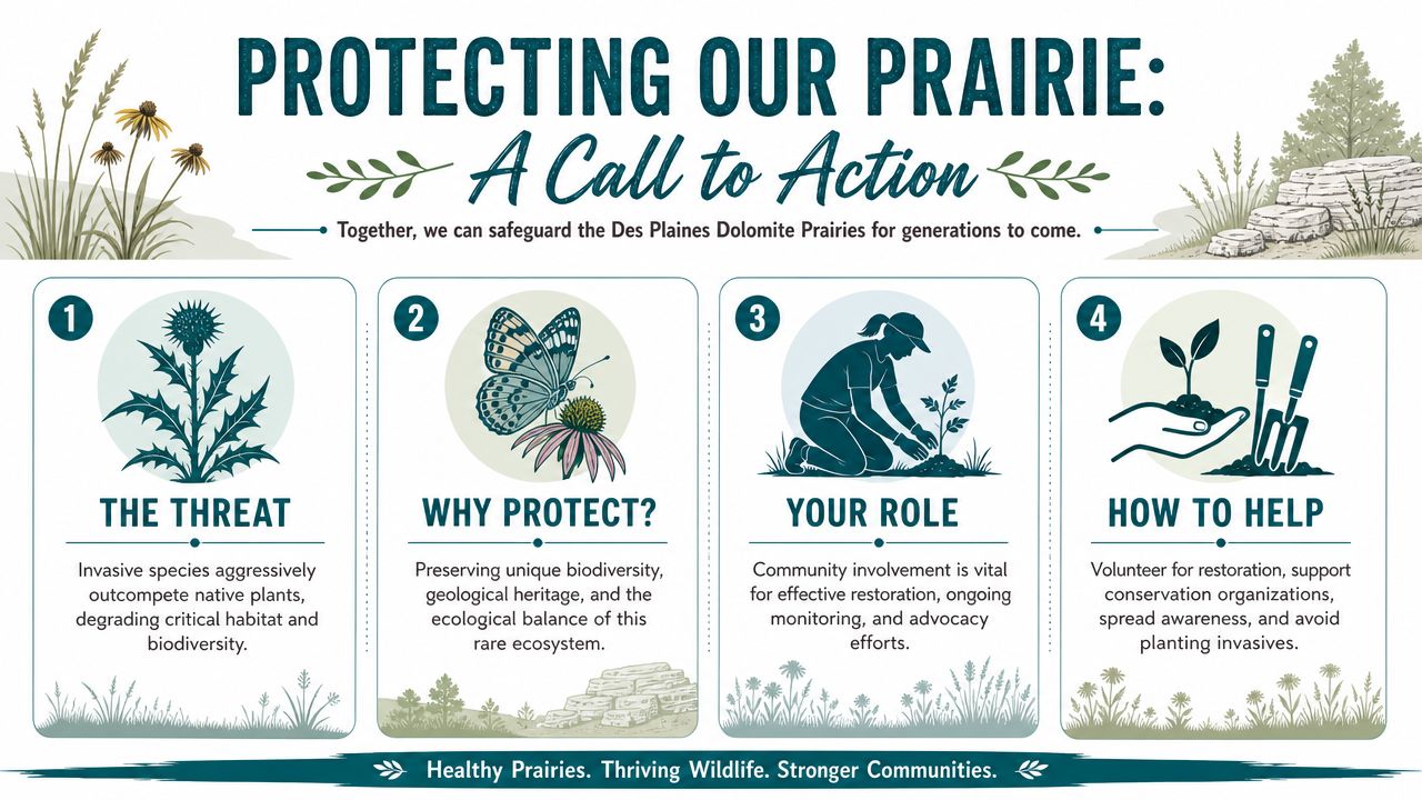 An infographic detailing the conservation importance and community action steps for protecting the Des Plaines Dolomite Prairies.