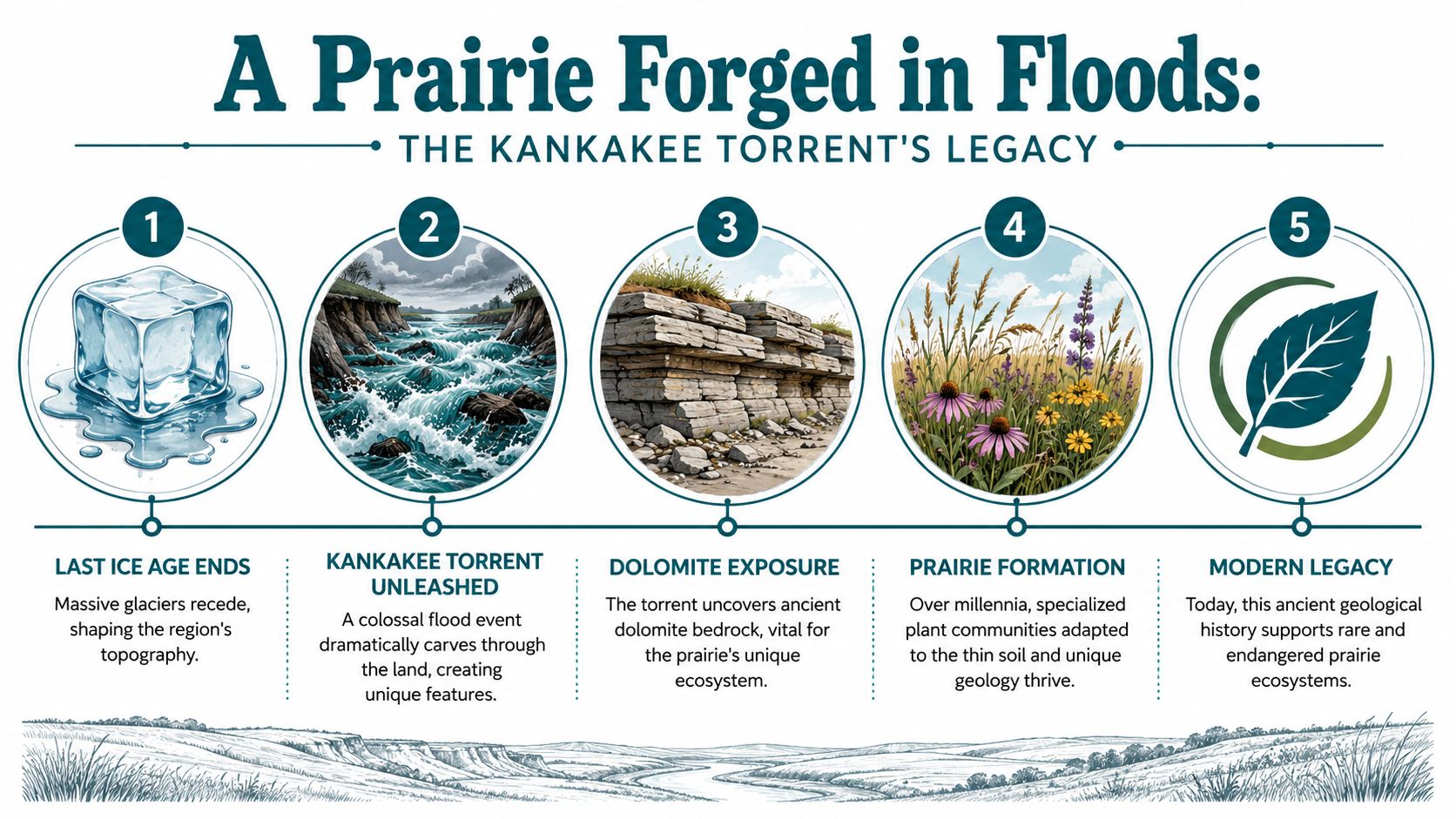 An infographic showing the geological history of Kankakee Torrent and the formation of dolomite prairie ecosystems.