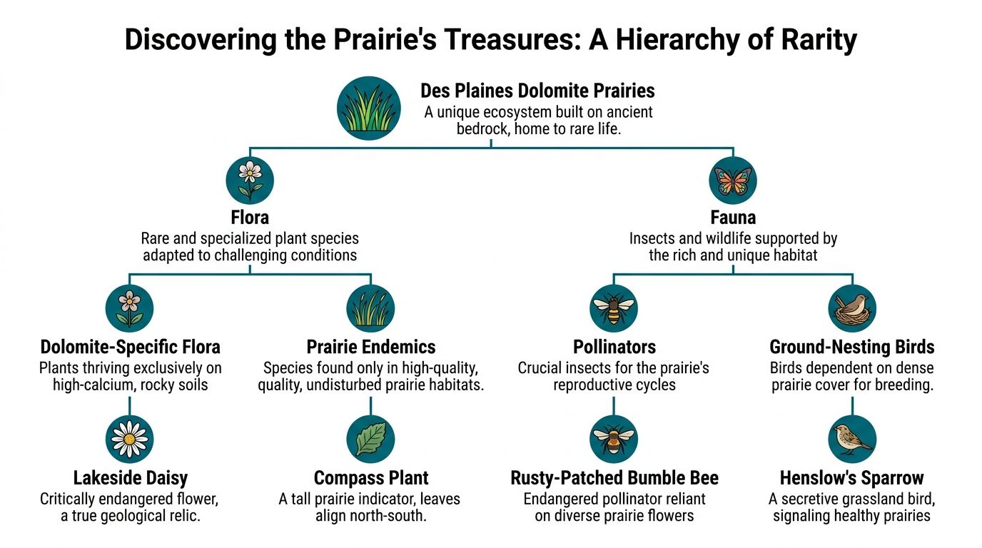A hierarchical flowchart describing the rare flora and fauna found in Des Plaines Dolomite Prairies ecosystem.