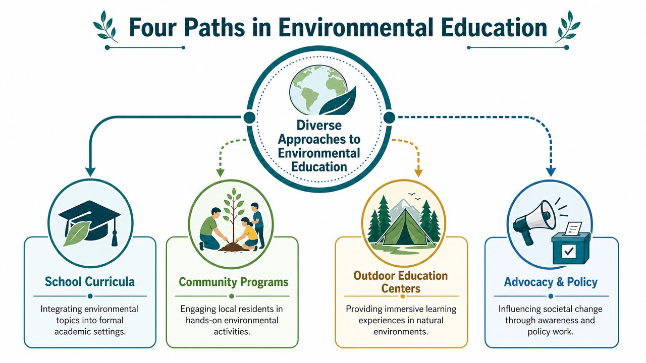 A diagram illustrating four different approaches to environmental education, including schools, community programs, outdoor centers, and advocacy.