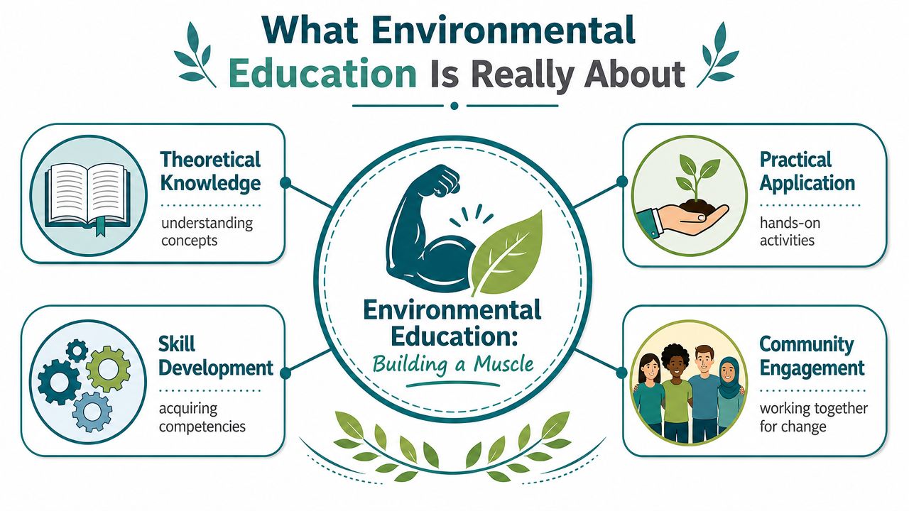 A diagram explaining environmental education through theoretical knowledge, practical application, skill development, and community engagement.