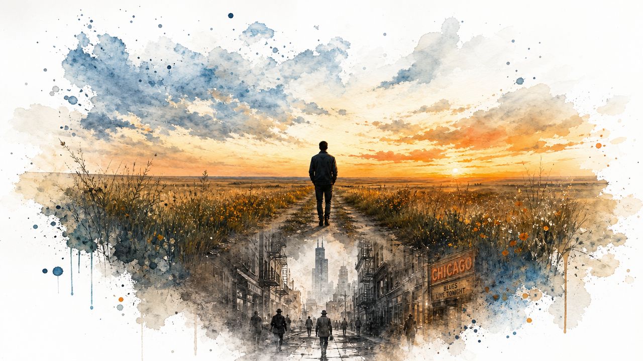 A surreal watercolor illustration blending a peaceful prairie sunset landscape with a bustling vintage Chicago street scene.