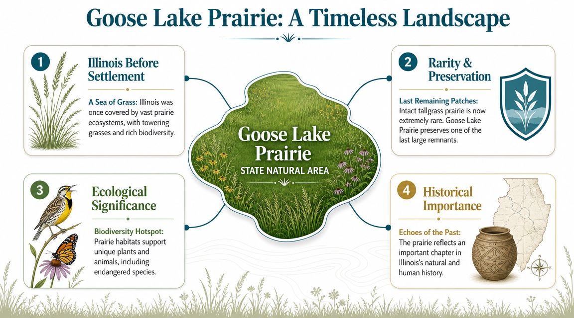 An infographic titled Goose Lake Prairie: A Timeless Landscape explaining the history and ecological significance of the area.