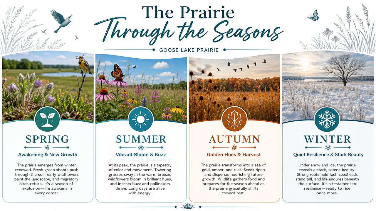 A scenic infographic showing the cycle of seasons in the Goose Lake Prairie with beautiful landscape photography.