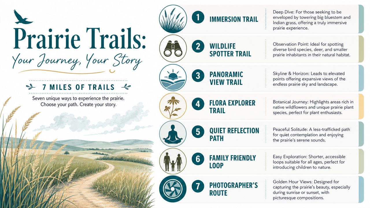 An infographic titled Prairie Trails showing seven numbered hiking trails with icons and descriptions of the prairie.