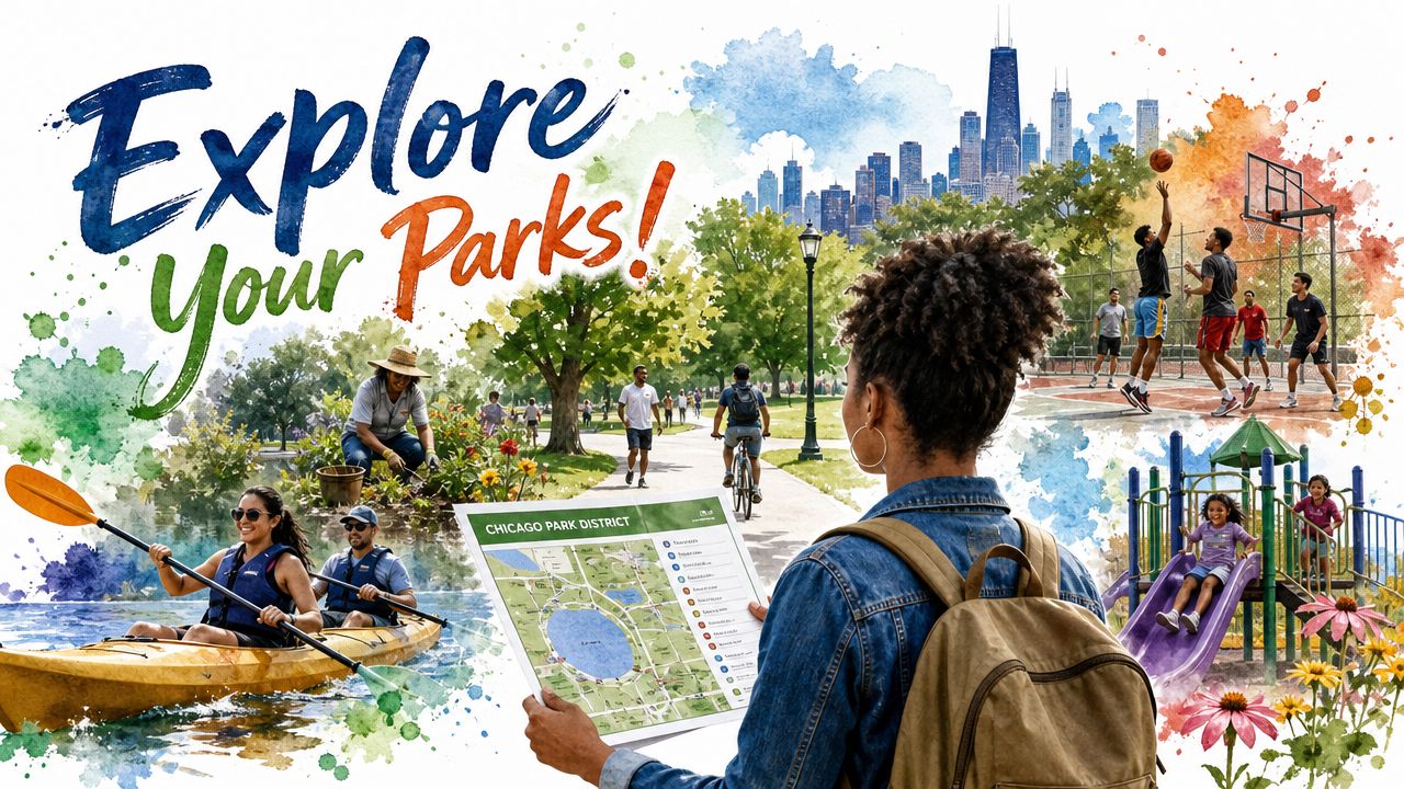 A vibrant illustration of people enjoying various outdoor activities in Chicago parks, including kayaking, basketball, and gardening.