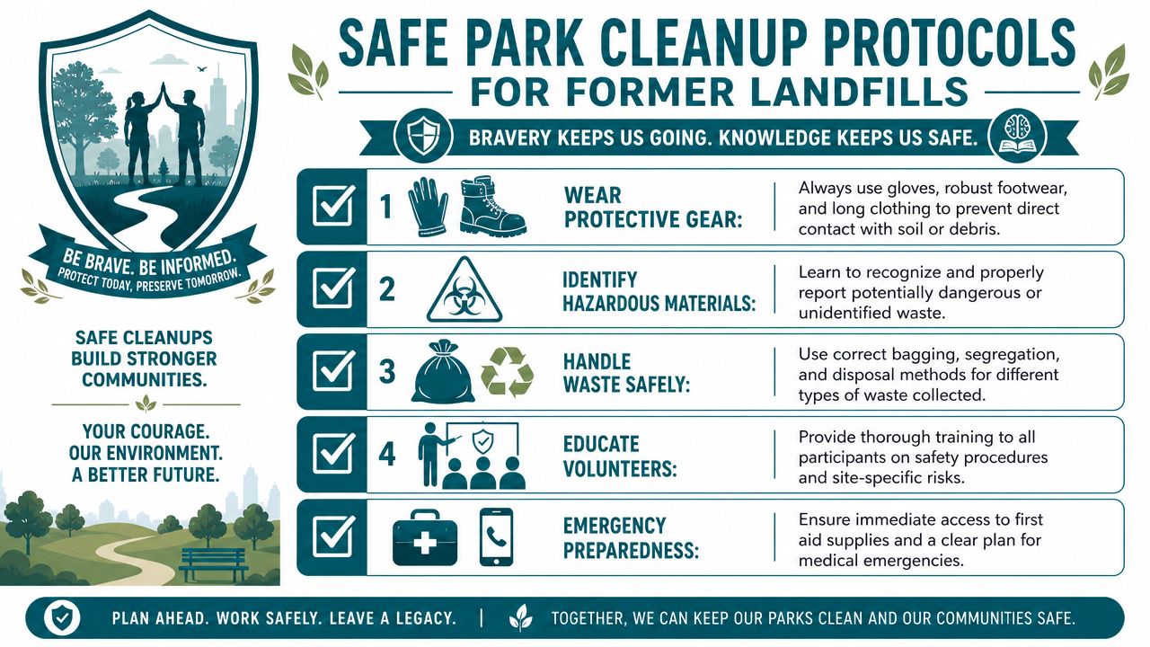 An infographic detailing safety protocols for volunteers cleaning up former landfill sites to ensure community safety.