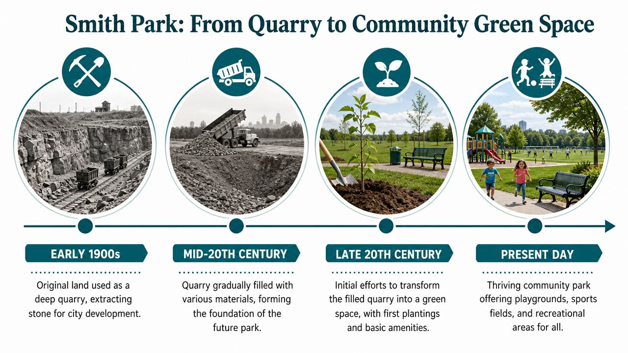 A timeline graphic showing the transformation of Smith Park from a stone quarry to a community park.