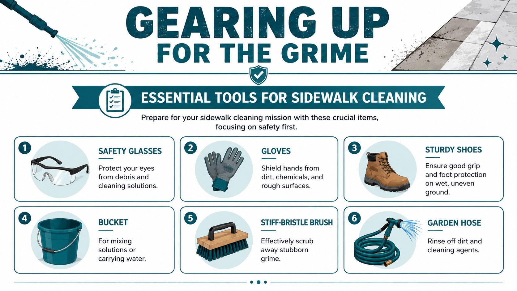 An infographic titled Gearing Up For The Grime listing six essential tools for cleaning sidewalks safely.