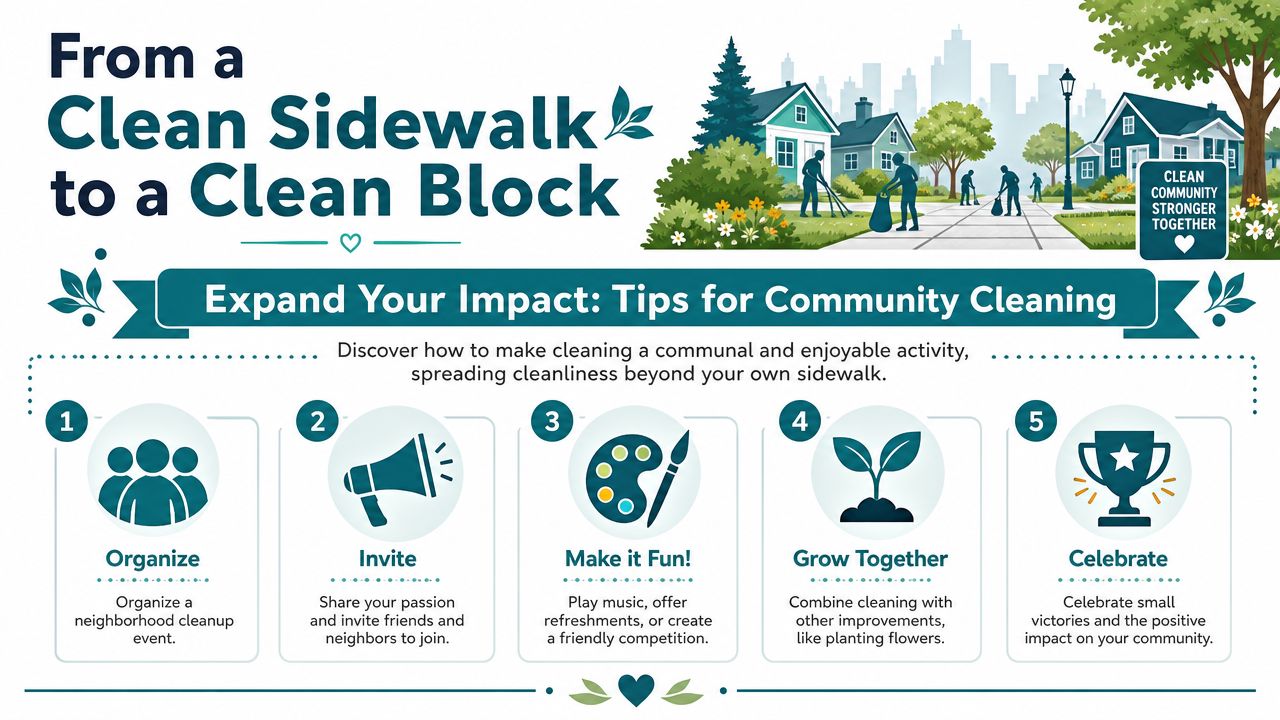 An infographic titled From a Clean Sidewalk to a Clean Block with five steps for neighborhood cleaning.