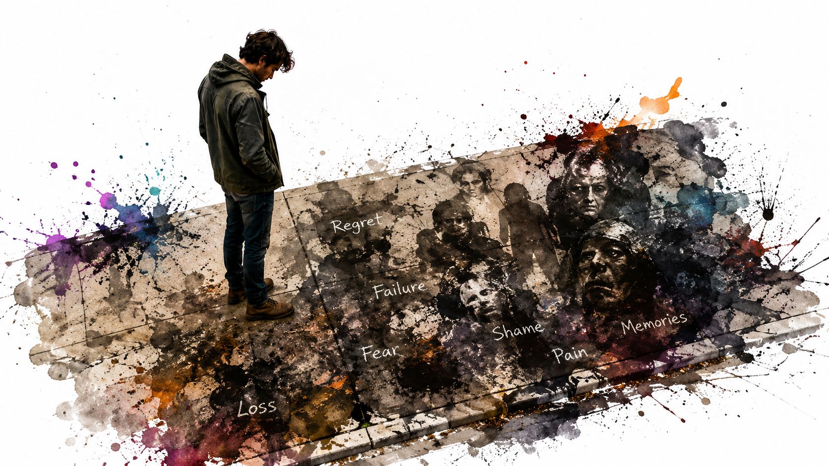 A person standing over a concrete slab filled with dark, abstract watercolor imagery representing emotional struggles.