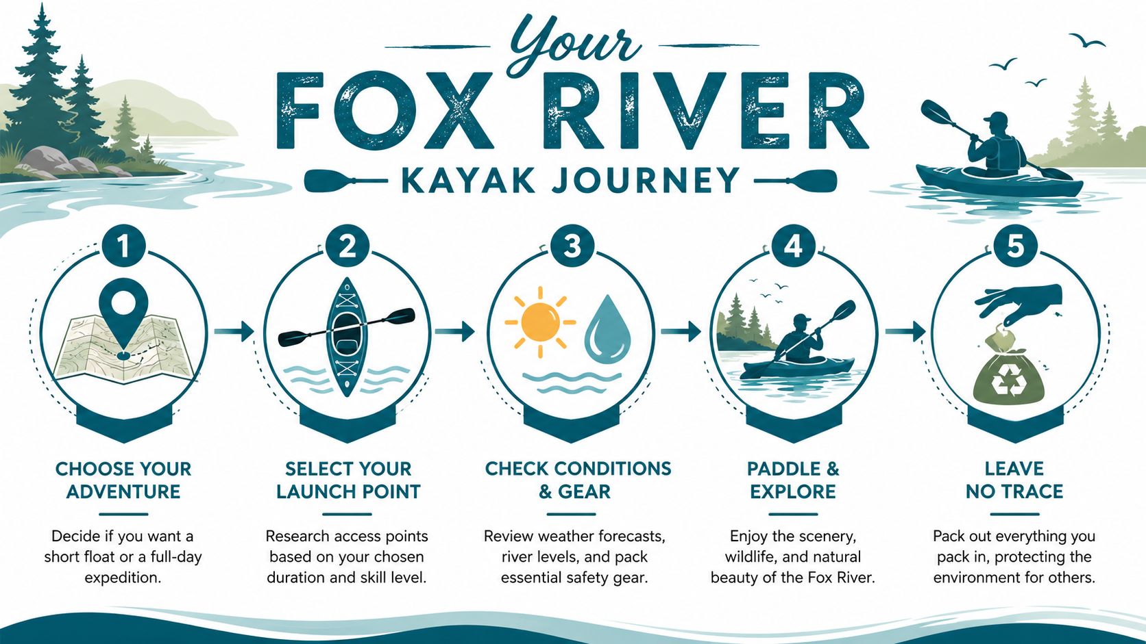 An infographic showing five numbered steps for planning a safe and enjoyable Fox River kayak journey.