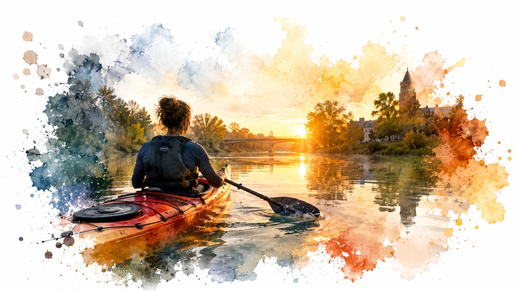A person kayaking on the calm Fox River during a beautiful, vibrant sunset near a stone building.