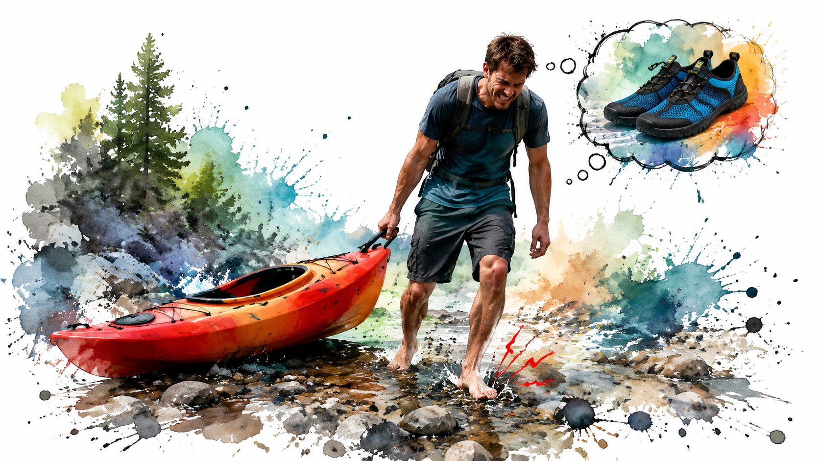 A man dragging a red kayak through shallow water, wishing he had sturdy water shoes for protection.
