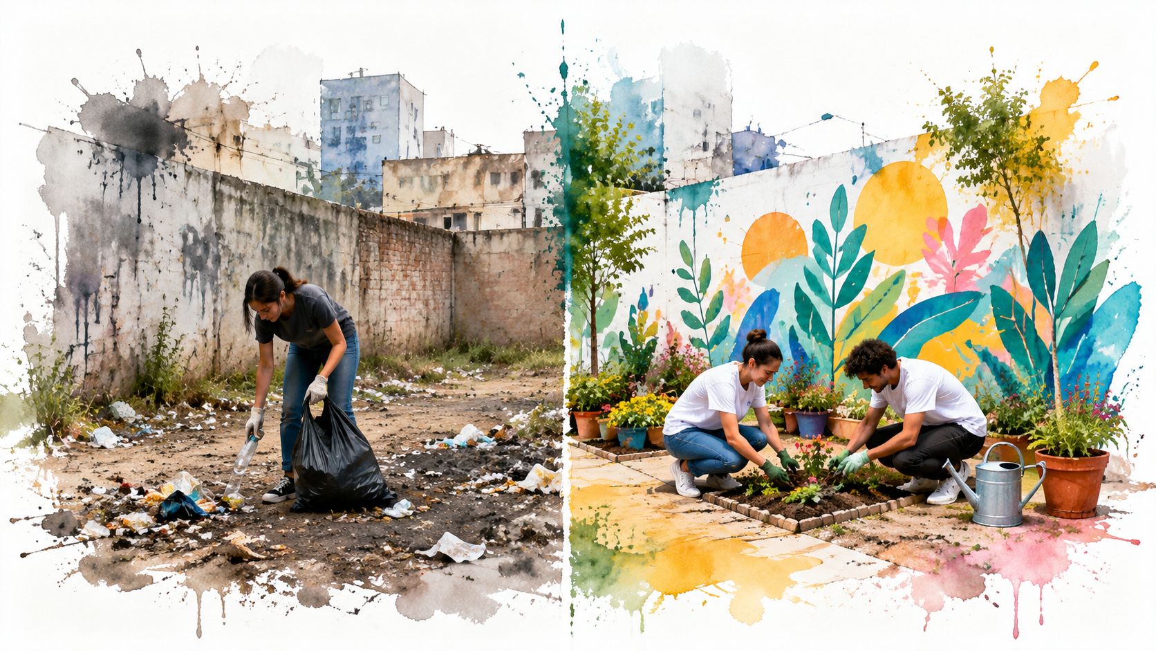 A split-screen illustration showing a person cleaning up trash and then gardening in the same space.