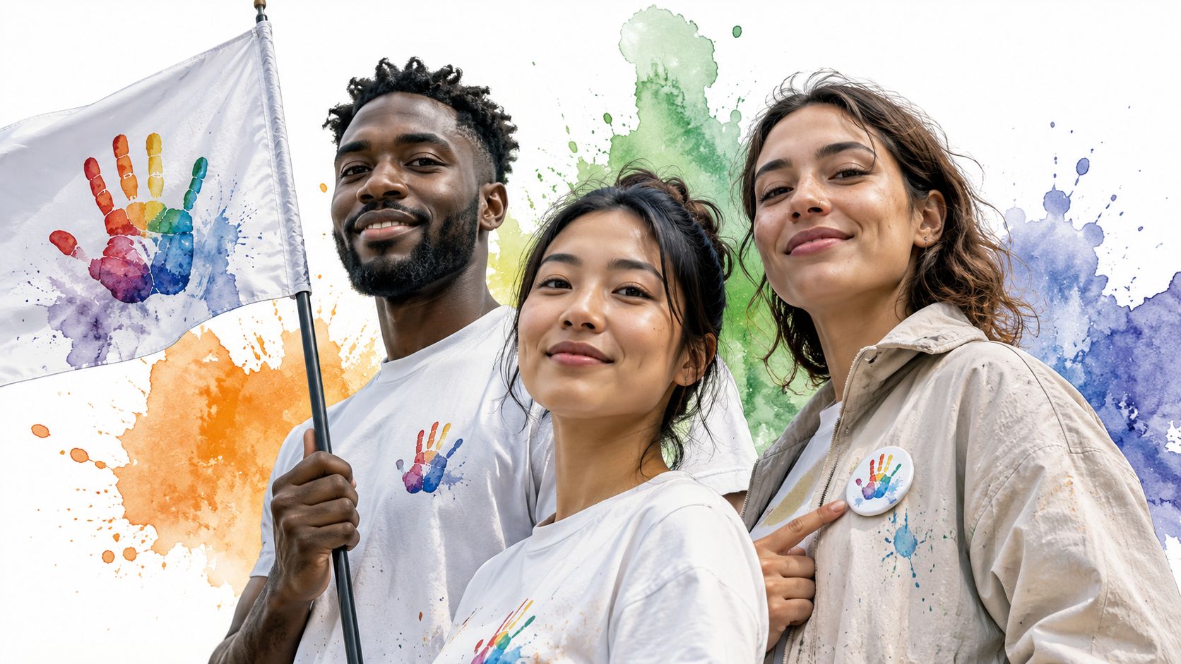 A diverse group of three young adults standing together, holding a flag and wearing pins with colorful handprints.