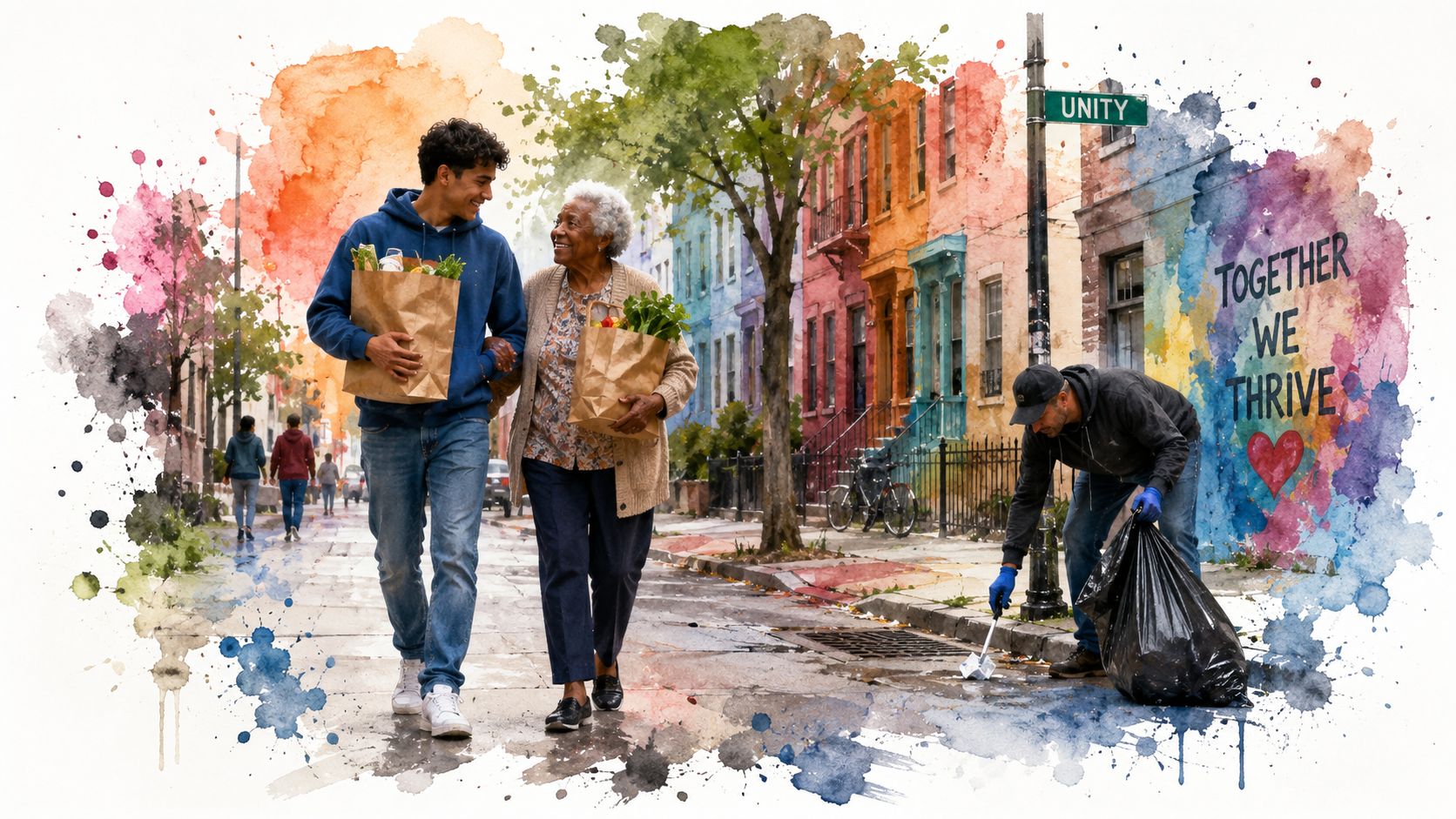 A young man and an elderly woman walk down a vibrant street carrying grocery bags while a volunteer cleans.