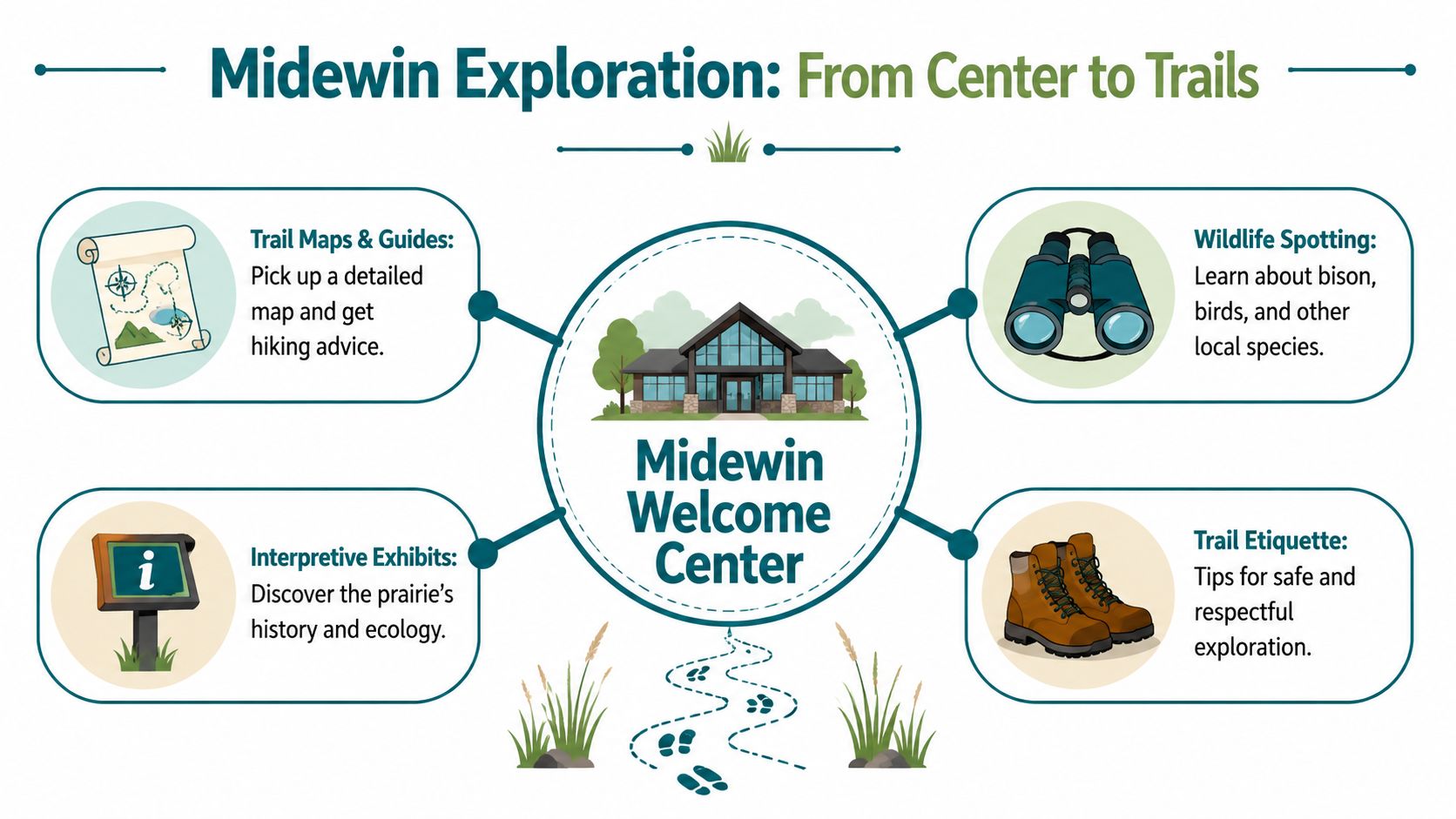 An infographic titled Midewin Exploration showcasing resources like maps, wildlife spotting, exhibits, and trail etiquette tips.
