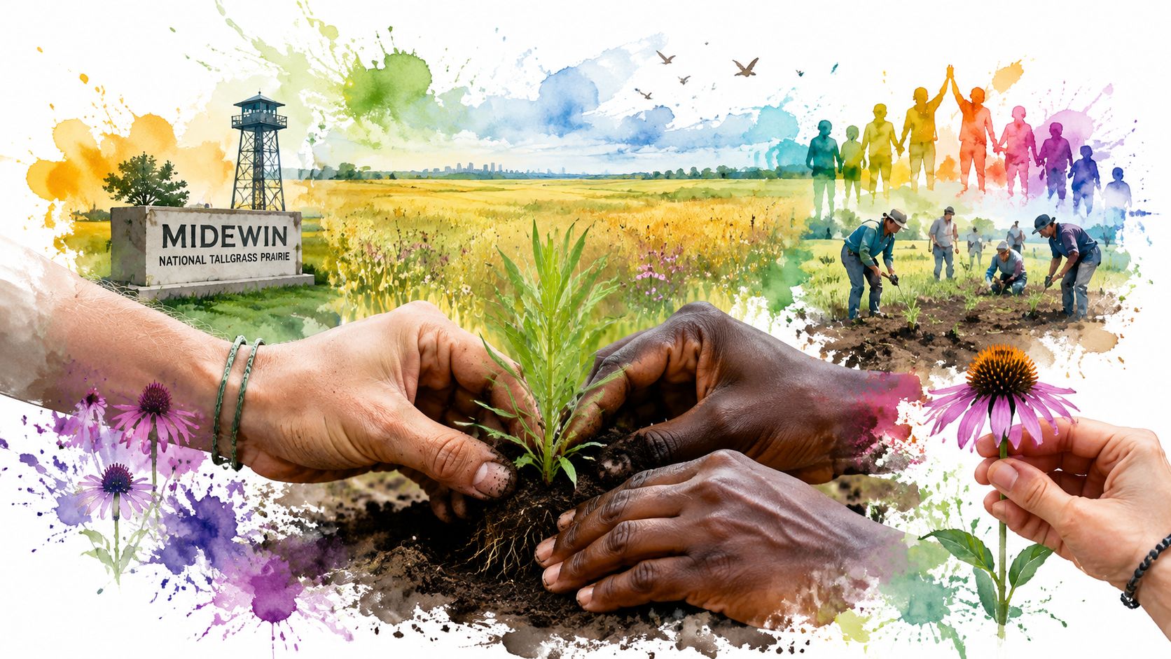 A conceptual illustration of hands planting a sapling at Midewin National Tallgrass Prairie featuring diverse community involvement.