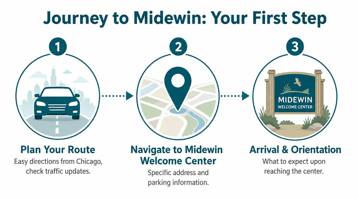 A three-step infographic showing how to plan a visit to the Midewin Welcome Center.