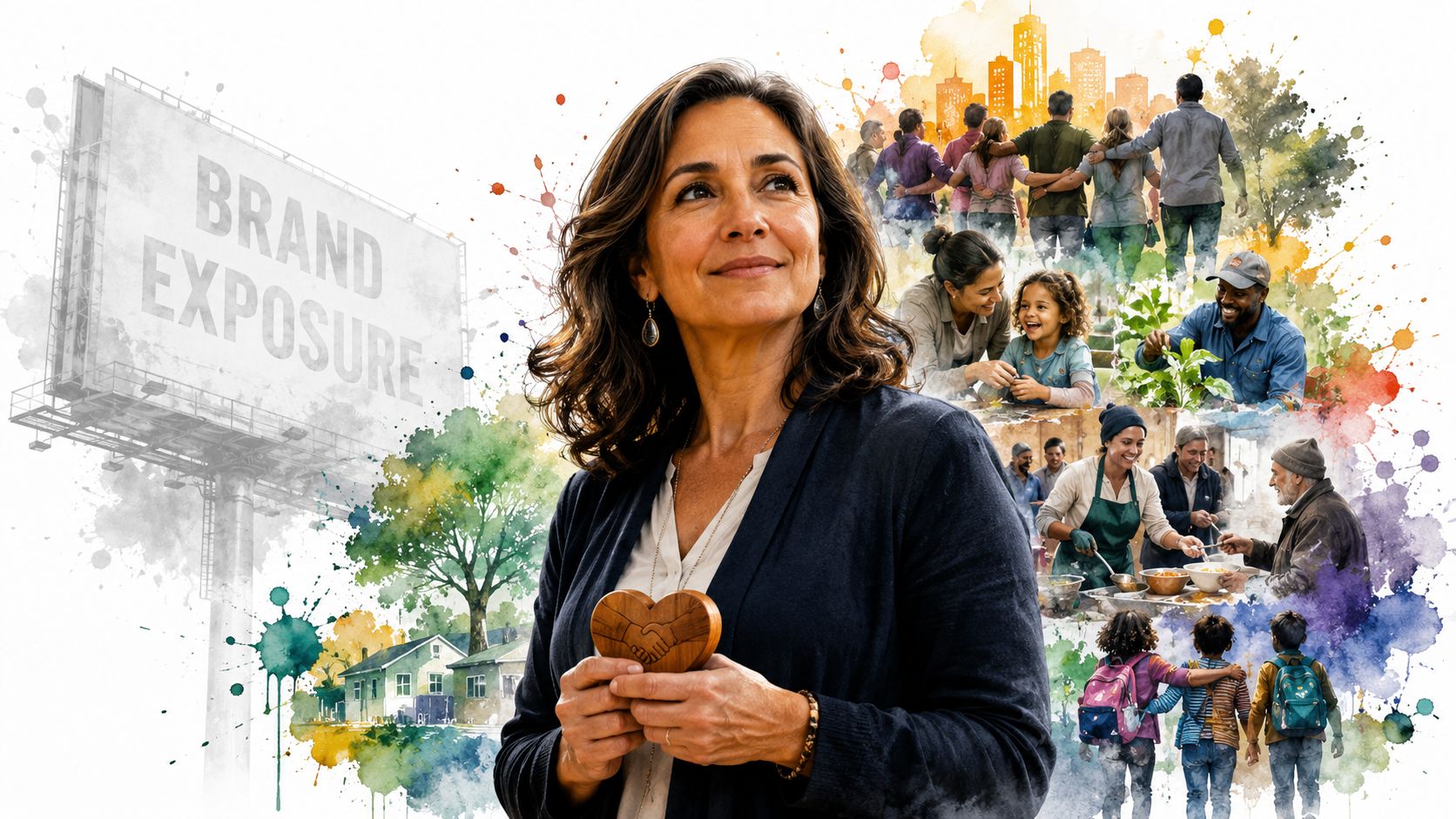 A woman holding a wooden heart symbol with a background collage representing community, volunteerism, and social impact.