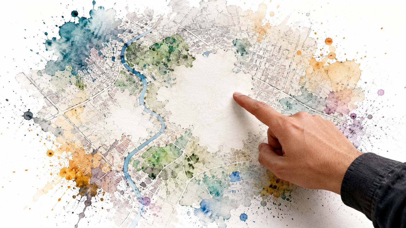 A hand pointing to a blank space on a colorful watercolor map illustrating urban city planning.