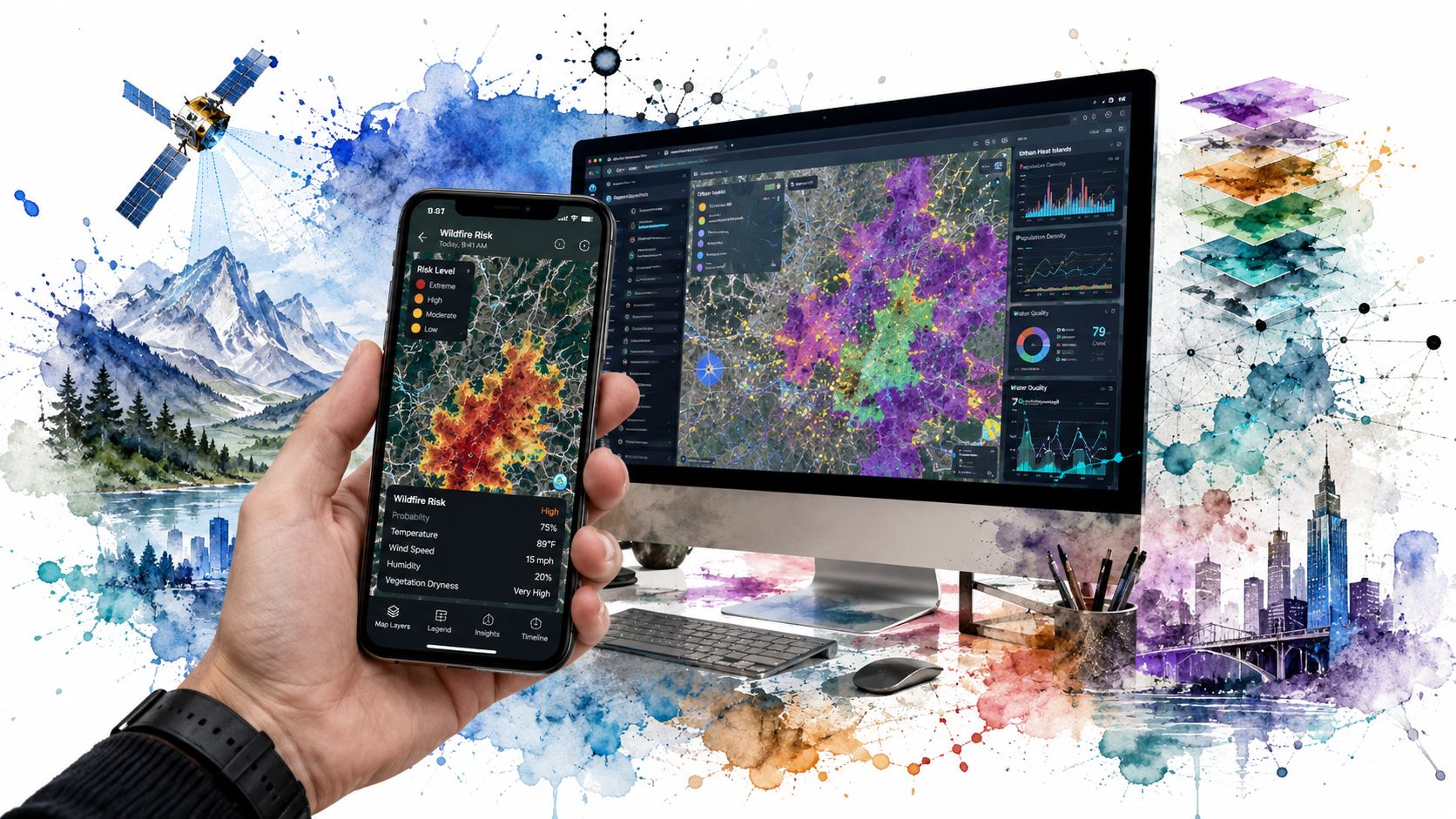 A hand holding a smartphone showing wildfire risk data next to a computer displaying complex environmental maps.