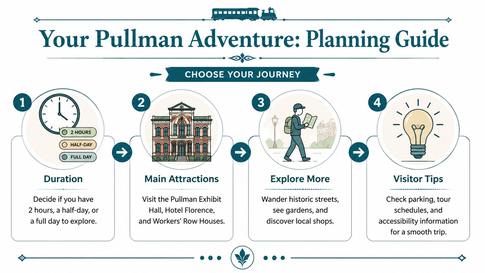 A planning guide infographic for Pullman National Historical Park showing four numbered steps to design your visit.