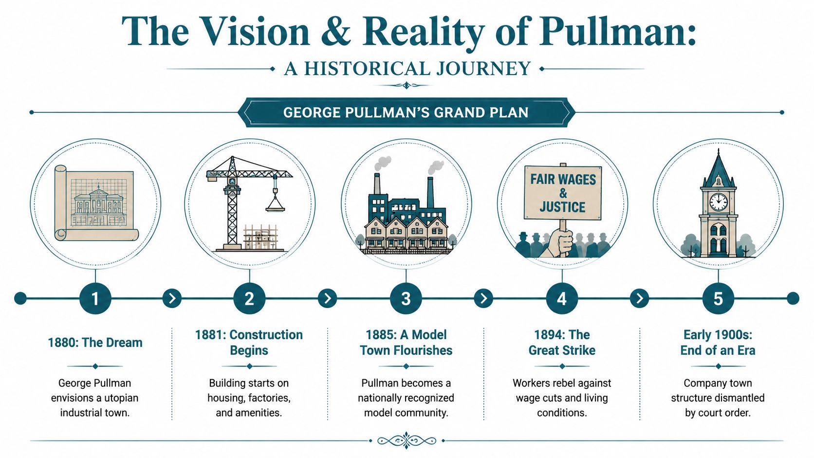 A timeline infographic illustrating the historical rise and fall of the industrial company town of Pullman.