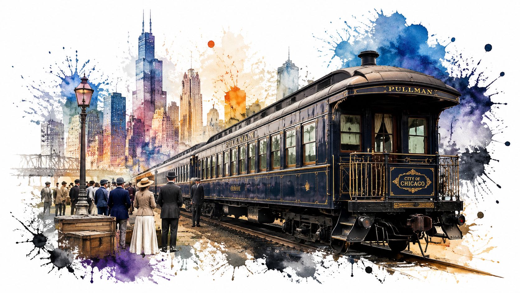 A vintage Pullman passenger train sits at a station with a stylized watercolor Chicago city skyline backdrop.