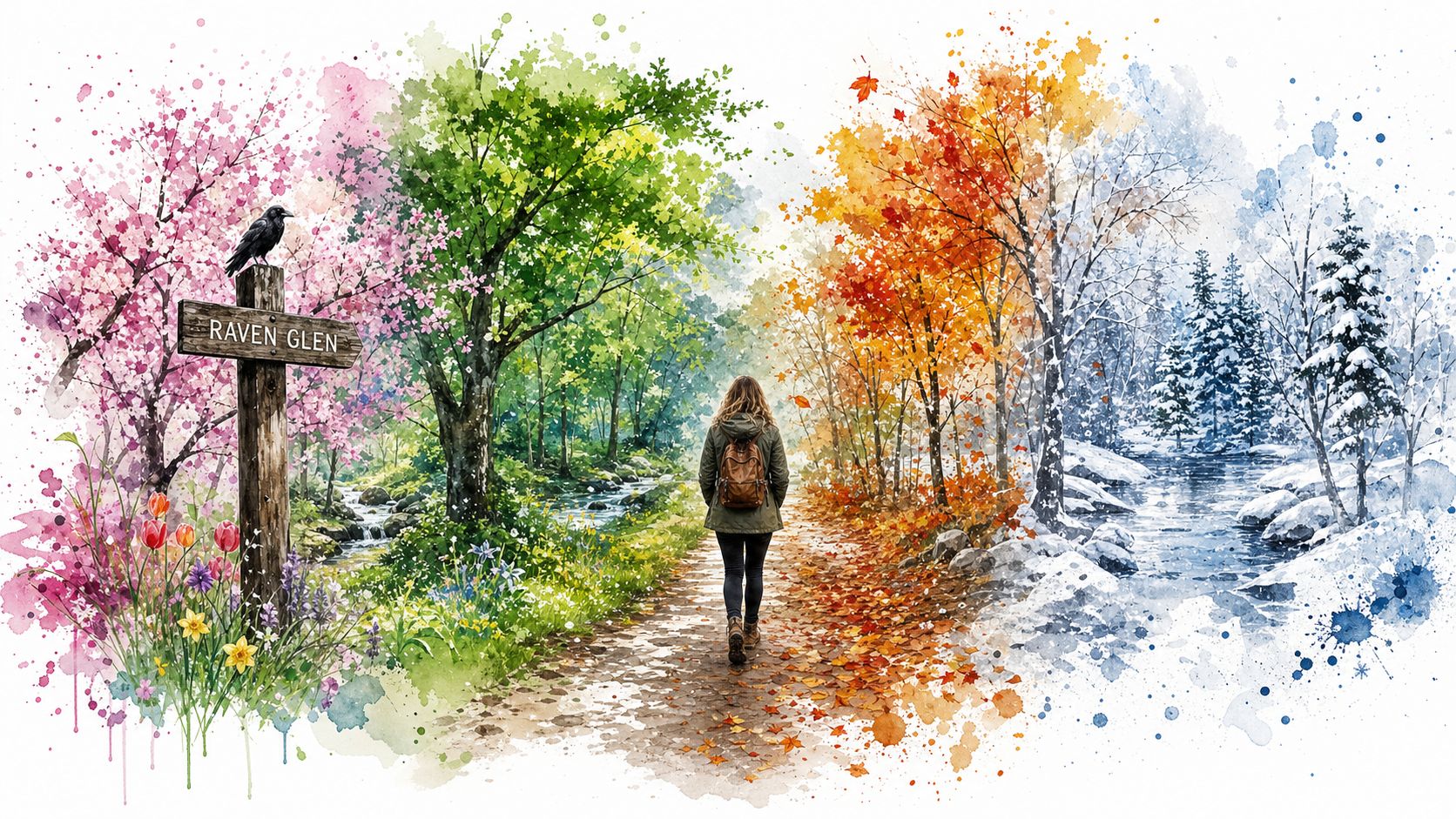 A hiker walking through a forest path depicting all four seasons transitioning from spring to winter.