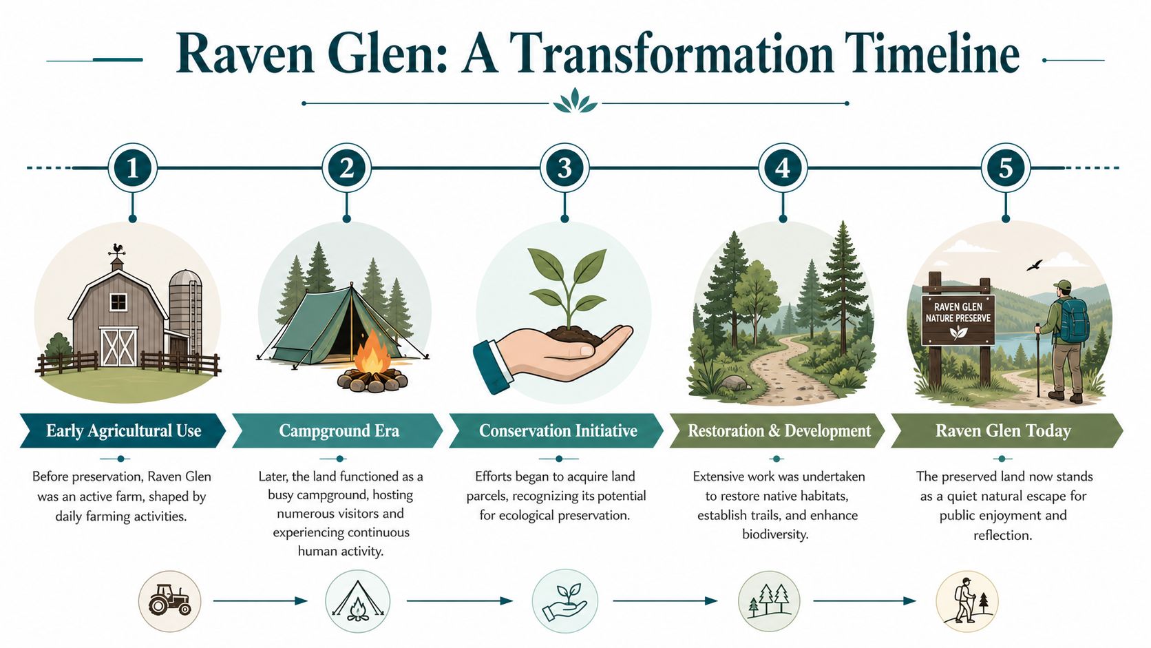 A timeline illustration showing the five stages of transformation for the Raven Glen nature preserve site.