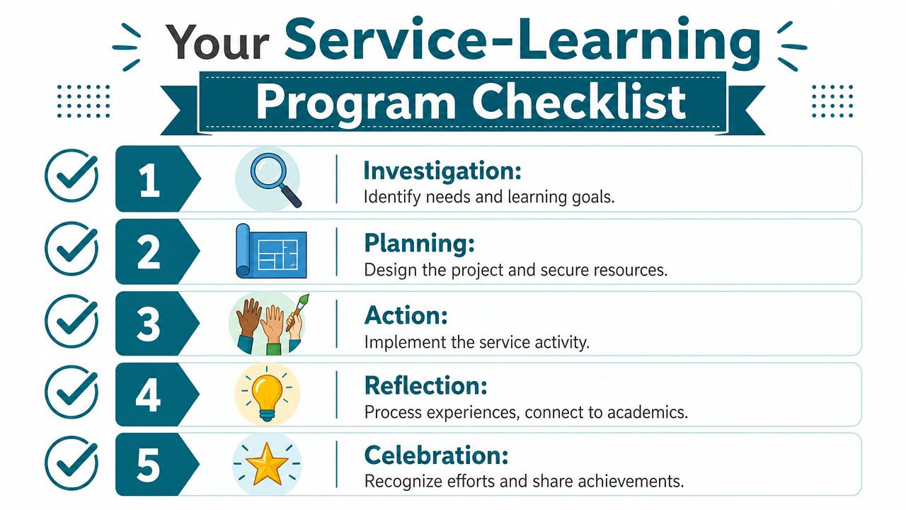 A checklist of the five steps for a service-learning program displayed in a colorful, organized infographic.